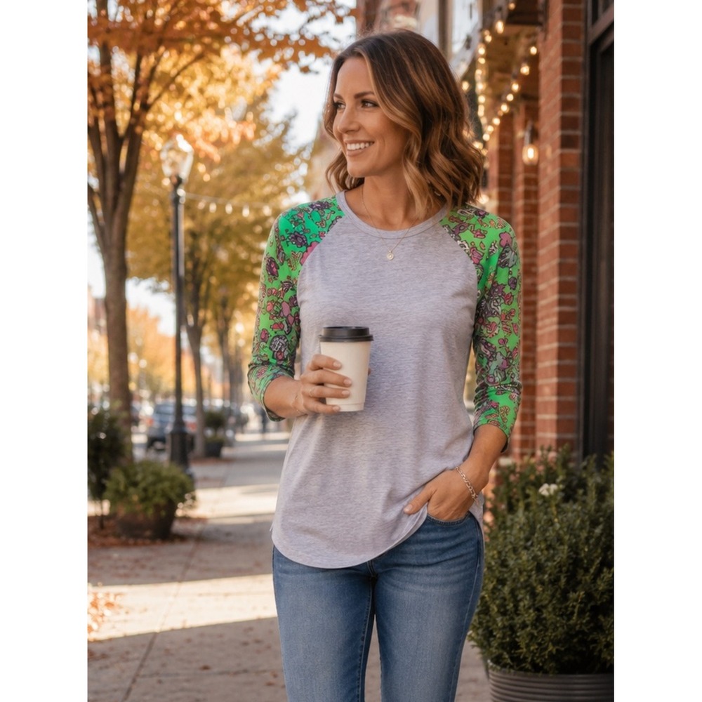 LuLaRoe Randy Baseball Tee XXS Gray Green Paisley Raglan Shirt NWT Women's